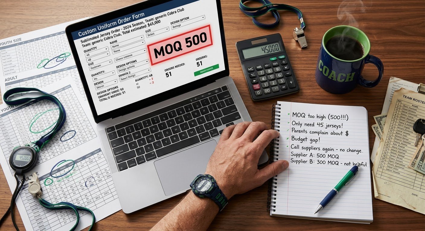 sports brand mistakes MOQ 500 uniforms coach desk