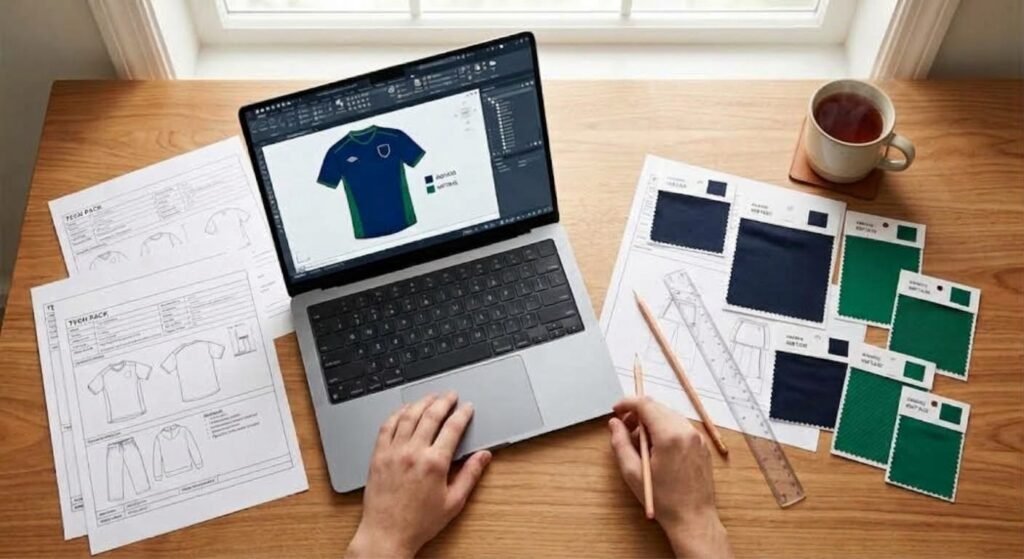 OEM sportswear tech pack designer workspace
